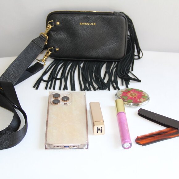 Bandolier Expanded Leather Fringe Pouch with Lana Lipstick Strap. Stylish Fringe - Picture 1 of 12